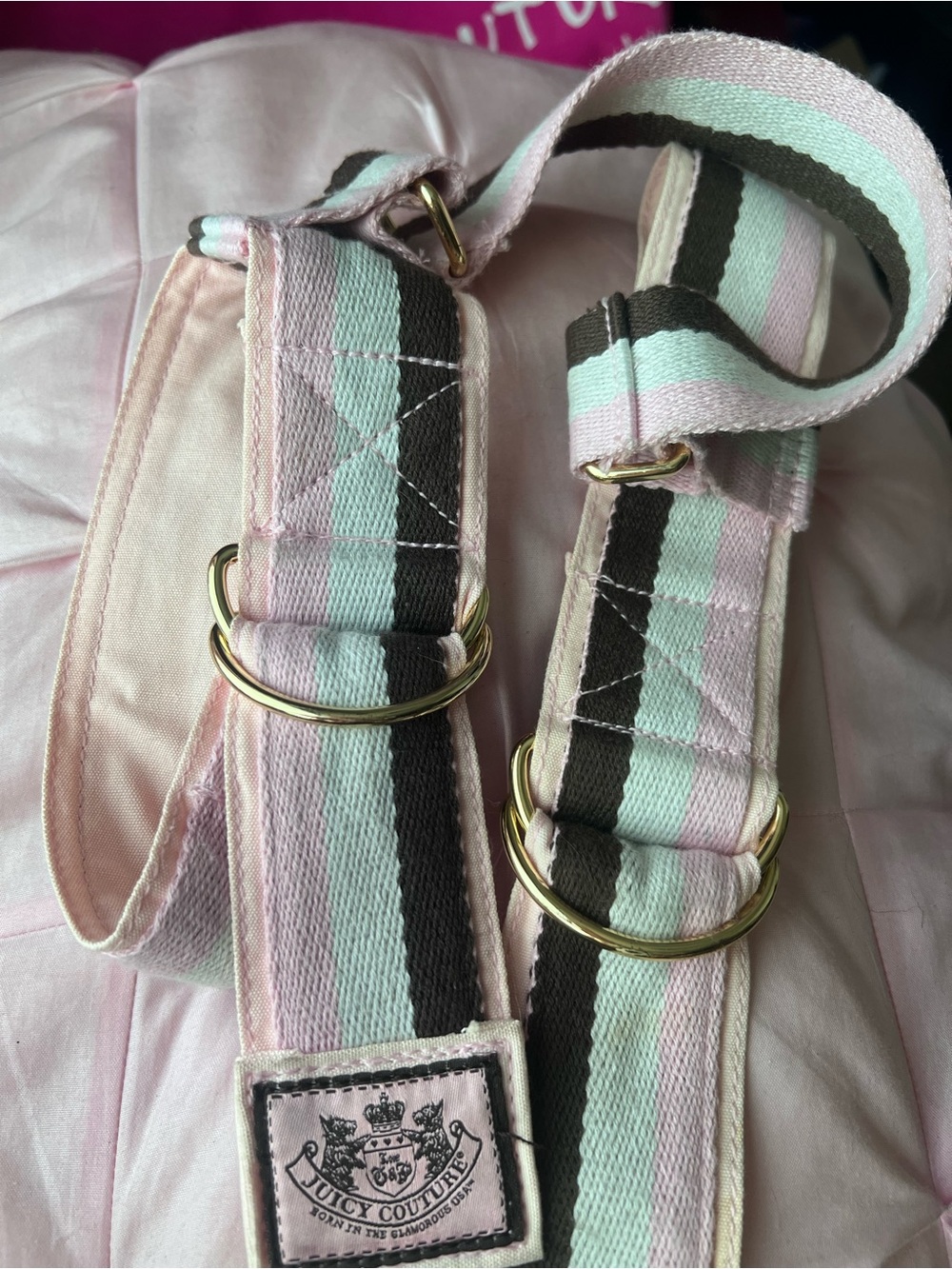 Y2K Juicy Couture Pink & Brown Striped Canvas Yoga Mat Shoulder Strap